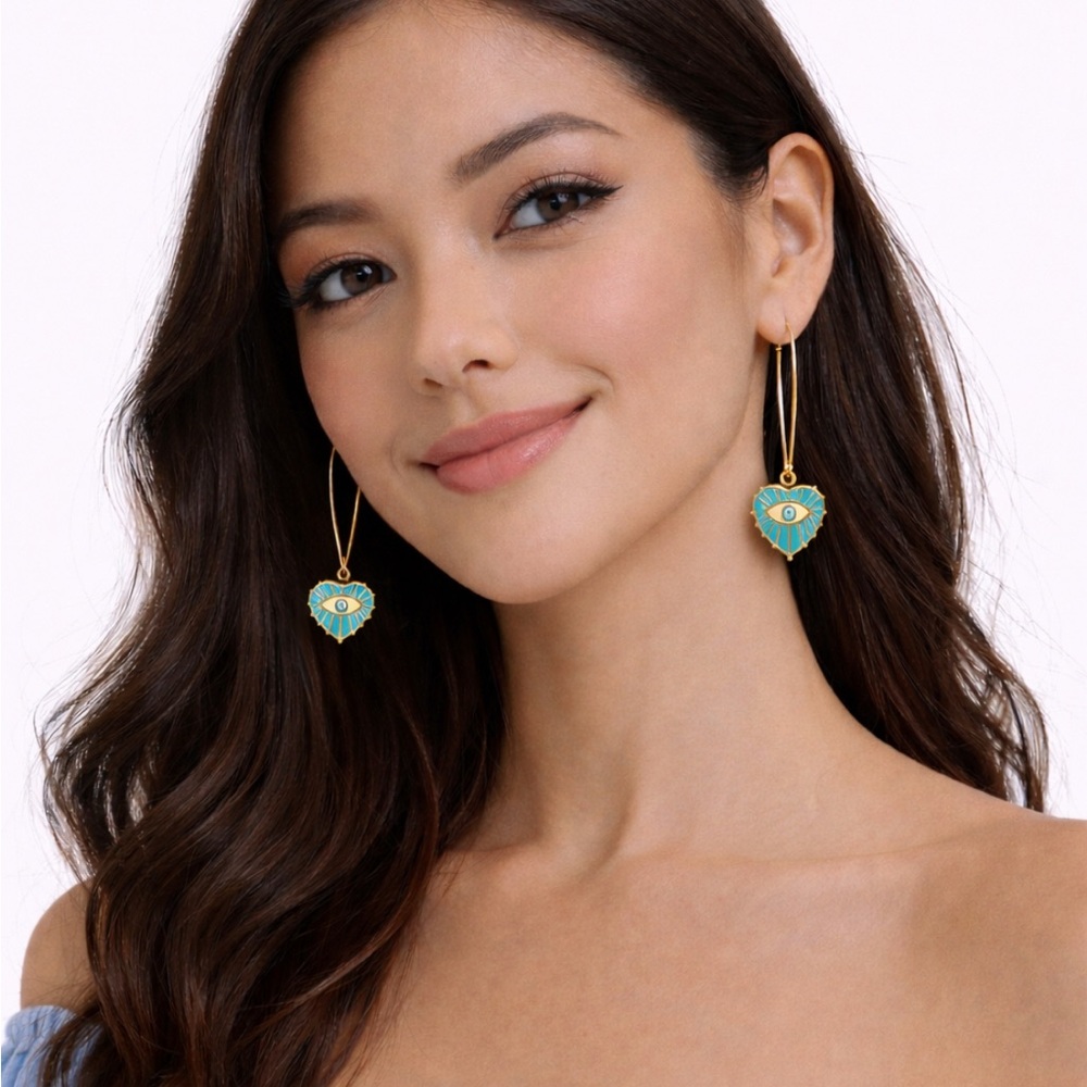 Heart-Shaped Evil Eye Earrings in Blue and Gold